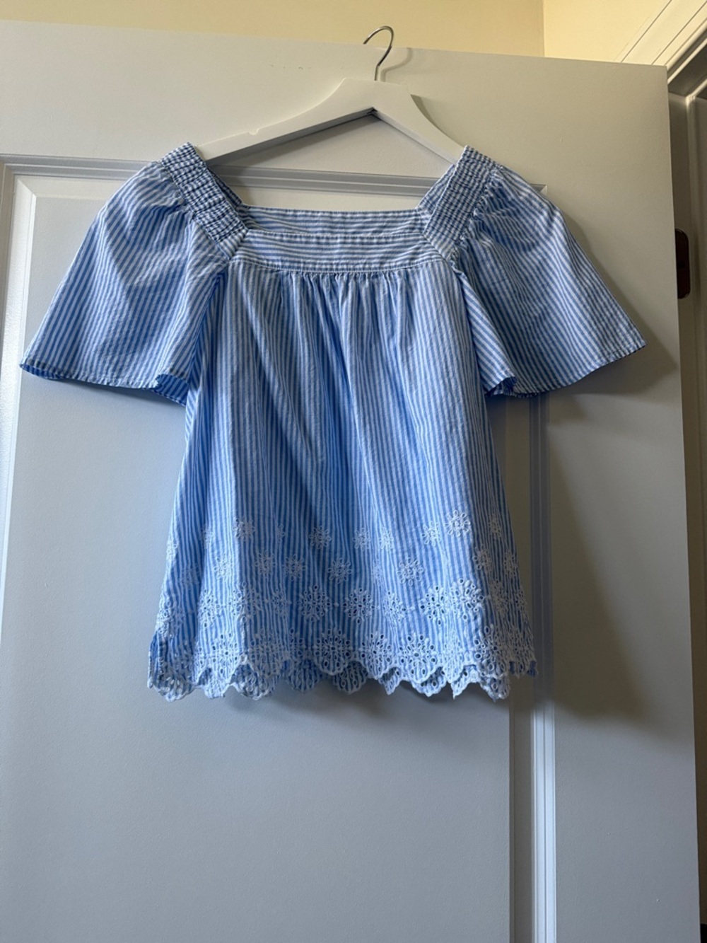 LOFT Light Blue Striped Off-the-Shoulder Embroidered Blouse
